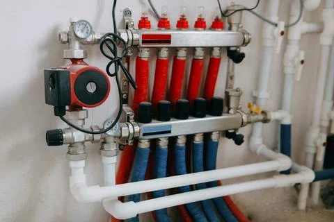 Central heating system image showing multiple red and blue pipes connected to Foto stock