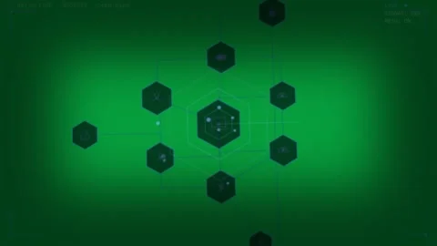 Central hex lighting, rings and nodes forming, data moving, showing network on Stock Footage 333972128