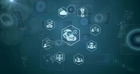 Central hexagon pulsing, camera zooming, icons emerging and aligning into ring Stock Footage 320586391