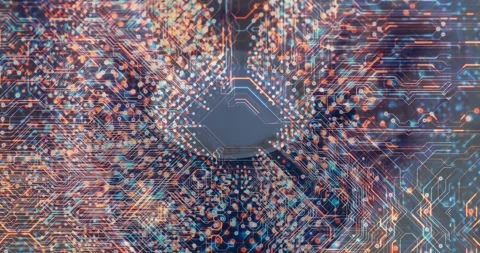 Central hexagonal microchip glowing and radiating orange and blue circuit Stock Footage 329234174