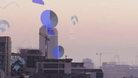 Central high-rise under construction receiving descending blue infographics Stock Footage 333317793