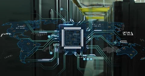 Central holo chip appearing in server aisle sending traces connecting map nodes Stock Footage 334036632