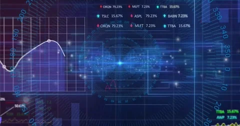 Central holo data hub pulsing from bright blue flare, plotting white line and Stock Footage 331109142