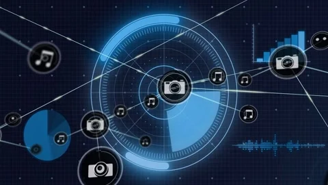 Central holo ring activating, spawning cam or music icons orbiting lines, Stock Footage 332566520