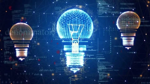 Central hologram bulb brightening on data spike, rings rising, code scrolling, Stock Footage 334351797
