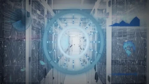 Central holographic ring pulsing after data spike from far end, rotating, Stock Footage 331227109