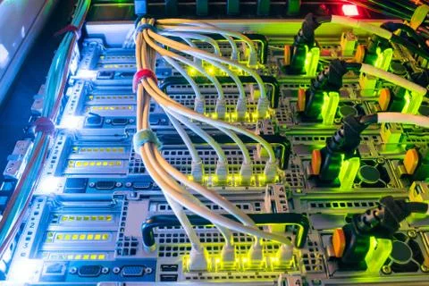 Central hosting platform of powerful computer equipment. The back panel of mo 库存照片