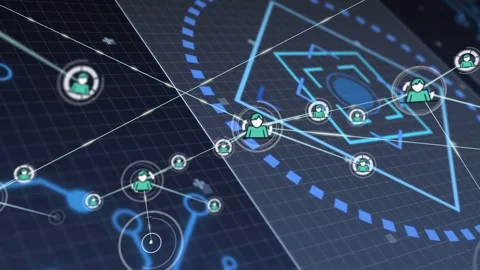 Central hub avatar pulsing and spawning user nodes in HUD, forming tech network Stock Footage 332566524