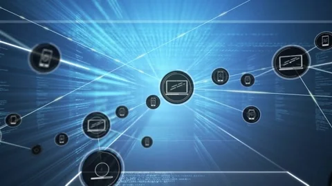 Central hub emitting vanishing light spawning nodes, linking code columns, Stock Footage 331048325