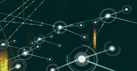 Central hub extending connector spawning nodes, tracer dots across lines Stock Illustration