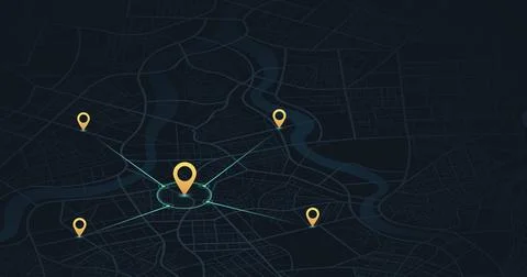 Central hub location map with connecting lines. Radar search radius on dark Illustrazione stock