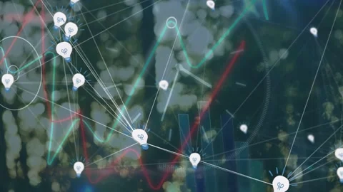 Central hub node sending radial links on start pulsing nodes and shifting charts Stockbeeldmateriaal 333817331