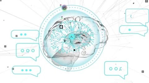 Central hub pulsing, clear brain rotating, speech bubbles popping, bits flowing Stock Footage 334337572
