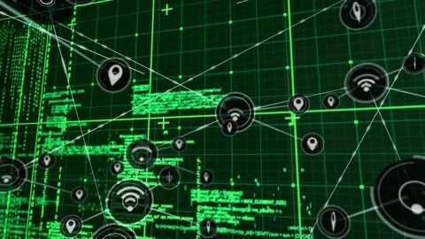 Central hub pulsing, nodes spawning and linking across green grid, visualizing Stock Footage 328584685