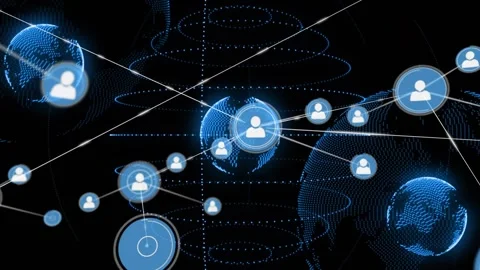 Central hub pulsing, spawning avatar nodes, drawing lines while camera zooming Vídeo Stock 328584697