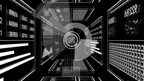Central HUD activating in data corridor updating numbers sweeping gauge folding Stock Footage 332900395