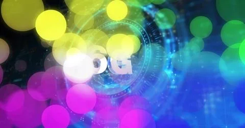 Central HUD and 5G text reacting to signal pulse, pulsing and rotating, showing Stock Illustration