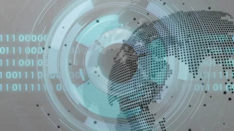 Central HUD appearing, dotted globe and rings expanding, rotating, scanning, Stock Footage 332900188