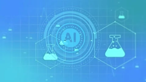 Central HUD appearing, rings rotating and flasks orbiting, visualizing AI lab Stock Footage 334788434