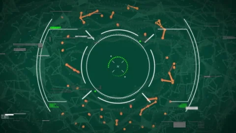 Central HUD being animated in flat design over dark green network with orange 스톡 동영상 309285262