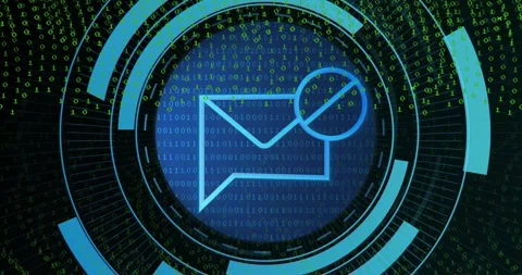Central HUD with blue-envelope icon forming as binary surge causing pulsing Stock Footage 320916139