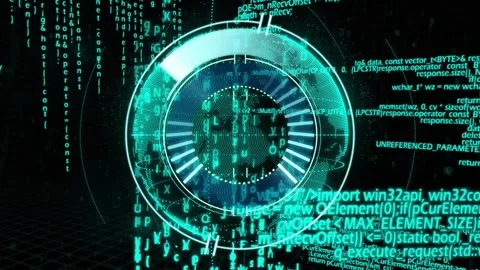 Central HUD booting, assembling rings, rotating globe and streaming teal code Stock Footage 321824932