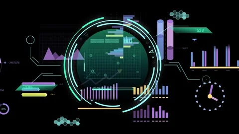 Central HUD on data pulse, rotating rings and updating charts for live analytics Stock Footage 335651887
