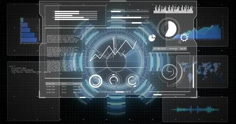Central HUD display on dark grid backdrop displaying panels, charts, code, map, Stock Illustration