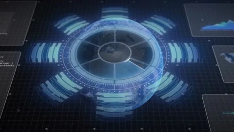 Central HUD evolving on dark tech grid scan initiating globe rotating for 库存影片 332405360