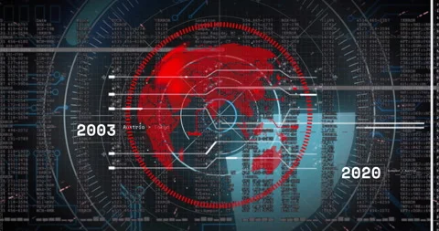 Central HUD globe projecting red dotted map while scanning code streams and Stock Footage 309068123