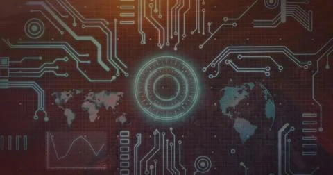 Central HUD glowing on control panel with circuit grid, map outline, graph, Foto stock