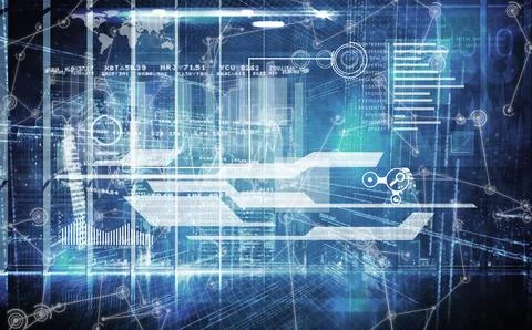 Central HUD interface is displaying code streams and charts on flat design panel Stock Illustration