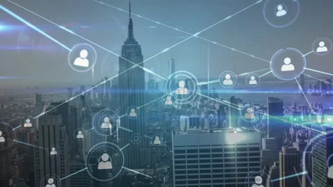 Central HUD node pulsing, sending lines and spawning user nodes, visualizing Video stock 330143926