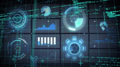 Central HUD panels animating during camera pan, rotating gauges and streaming Stock Footage 328246755