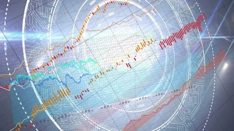 Central HUD pulsing from left flare, revealing colored lines and red bars rising Stock Footage 334884045