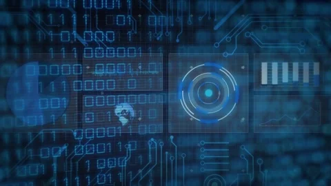 Central HUD reacting to binary shifting, pulsing target, globe revealing, Stock Footage 332428272