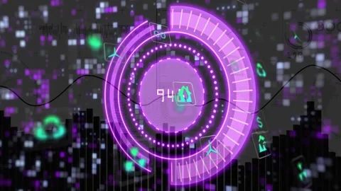 Central HUD receiving data, rotating rings and waveform updating readout for Stock Footage 331701377