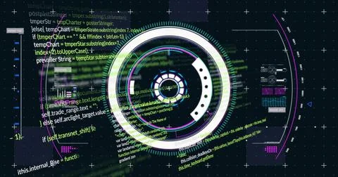 Central HUD receiving data stream, syncing rings and code overlays for telemetry 写真素材