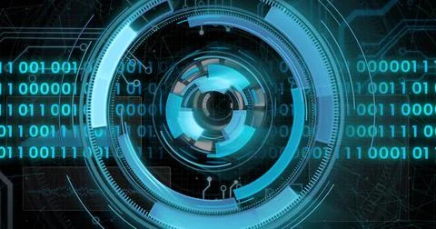 Central HUD receiving pulse, rotating rings and streaming binary, displaying Stock Illustration