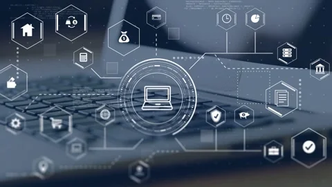 Central HUD ring enlarging, spreading overlay over laptop keys, hex icons Stock Footage 334729076