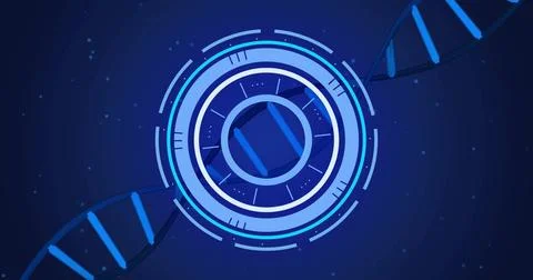 Central HUD rotating and pulsing as incoming DNA helix entering, visualizing Stock Illustration