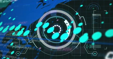 Central HUD rotating and revealing data after turquoise stream enters upper-left Stock Footage 329505873