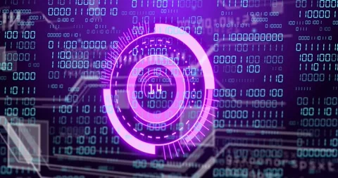 Central HUD rotating, updating value on data pulse, pulsing rings and scrolling Stock Footage 328583932