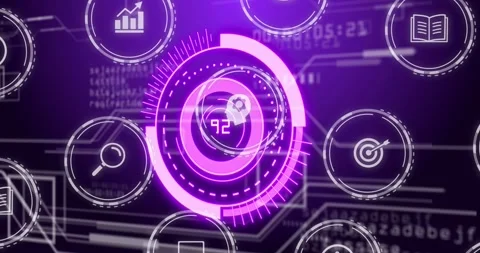 Central HUD starting circle, updating center value, rotating rings, orbiting Stock Footage 331176191