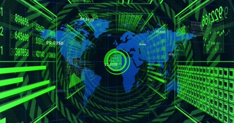 Central HUD, world map pulsing in cyber ops tunnel, timeline advancing and Stock Footage 331735838