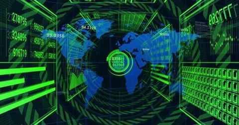 Central HUD, world map pulsing in cyber ops tunnel, timeline advancing and Stock Illustration