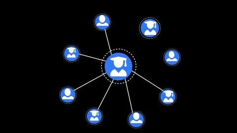Central icon of a graduate connected to multiple smaller blue user/graduate.. Stock Footage 337078585