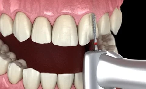 Central Incisor preparation process for dental Veneer placement. Medically ac Stock Illustration