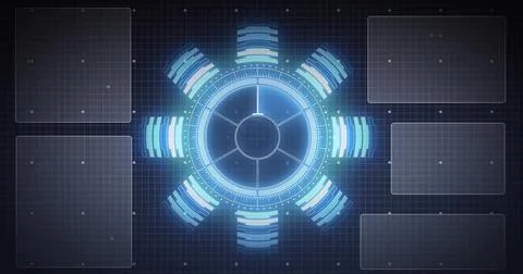 Central interface is glowing blue in flat HUD for tech with grid overlay and 스톡 일러스트