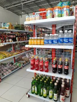 Central Java 20 July 2026: Interior of a local convenience store with neatly arr Fotos Stock